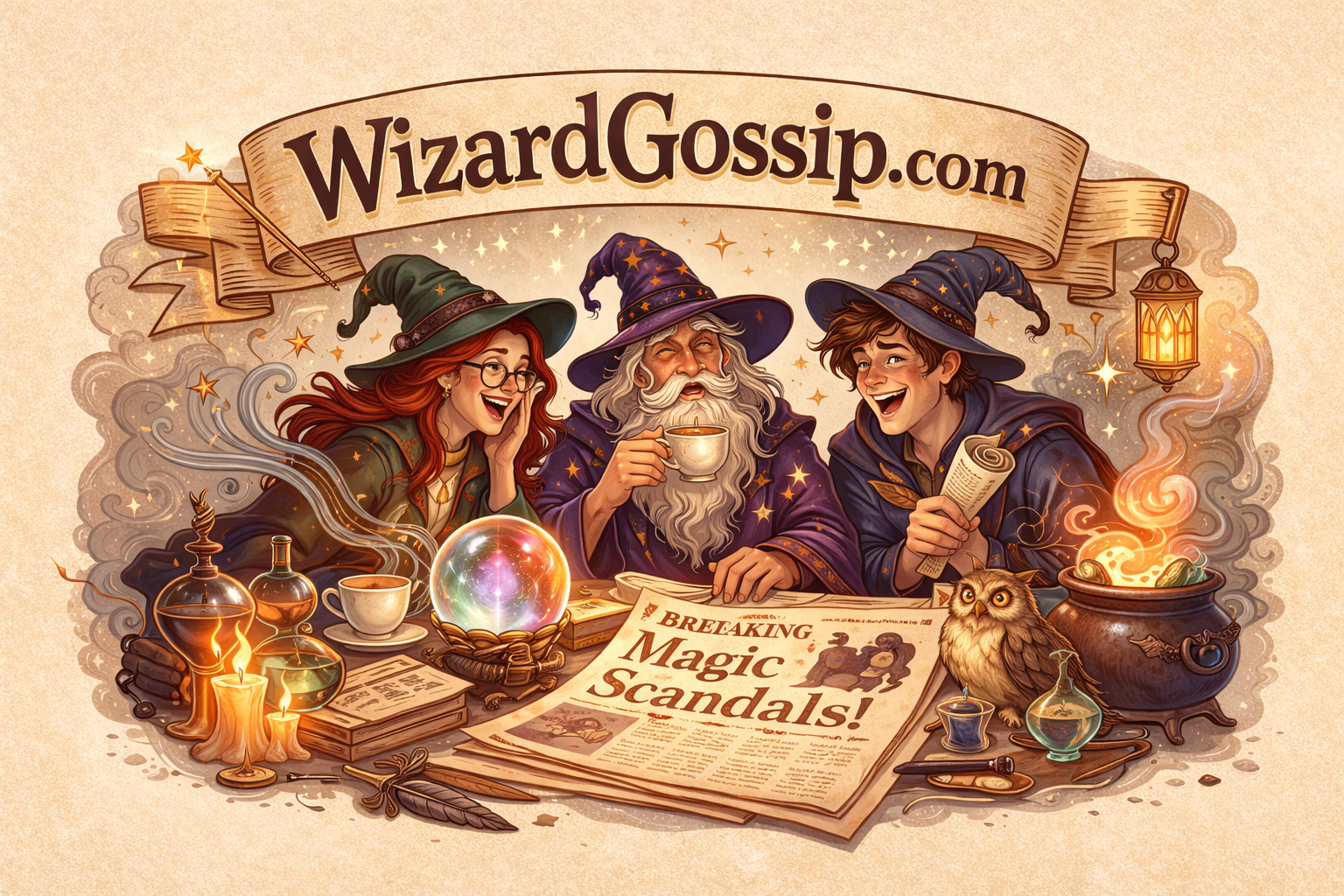 Wizards gossiping around a table